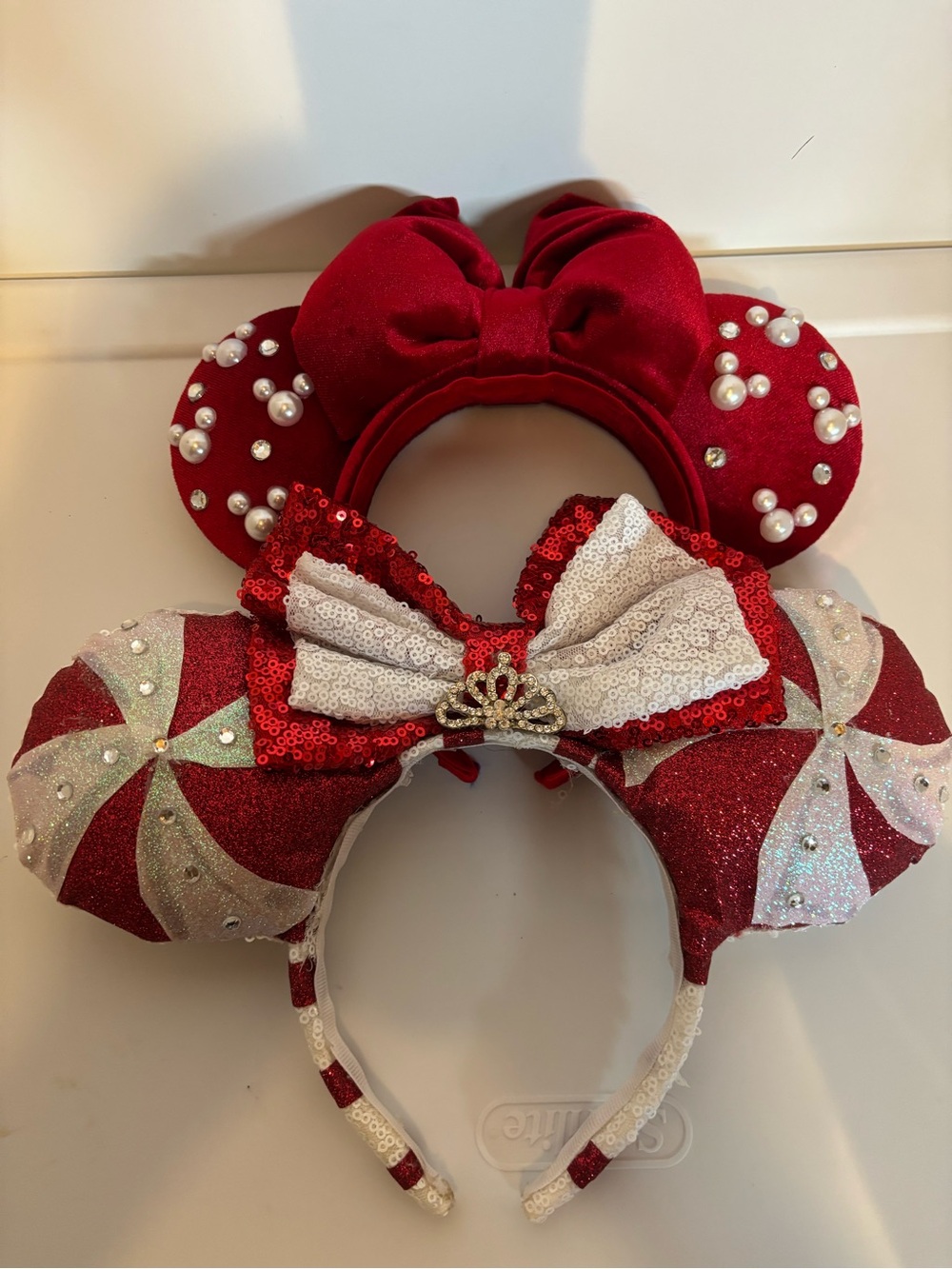 Red Sequin & Pearl Minnie Ear Headbands - Festive Disney Style